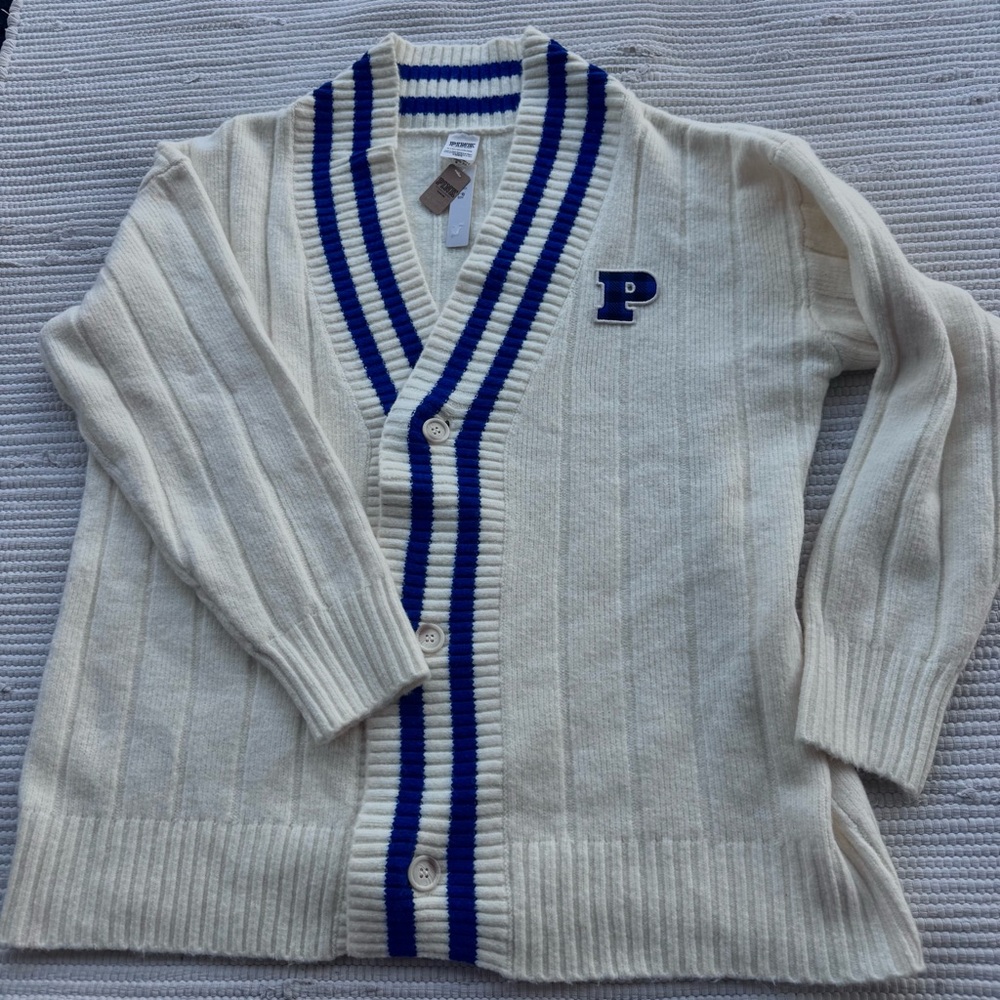 PINK VS Varsity Cardigan XL Cream Blue Stripe Preppy Cozy NWT - Picture 9 of 9